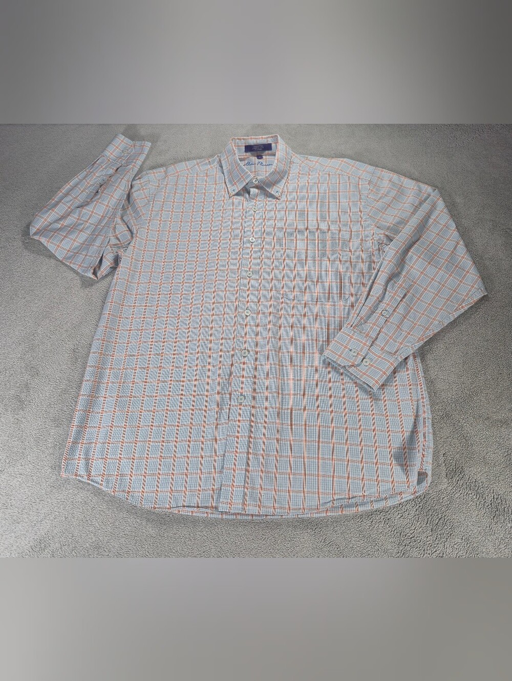 Alan Flusser Light Blue and Orange Plaid Button Down Long Sleeve Dress Shirt